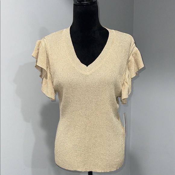Nanette Lepore Elegant champagne sparkly Beige Ruffle Sleeve Women's Top Large - Picture 1 of 15